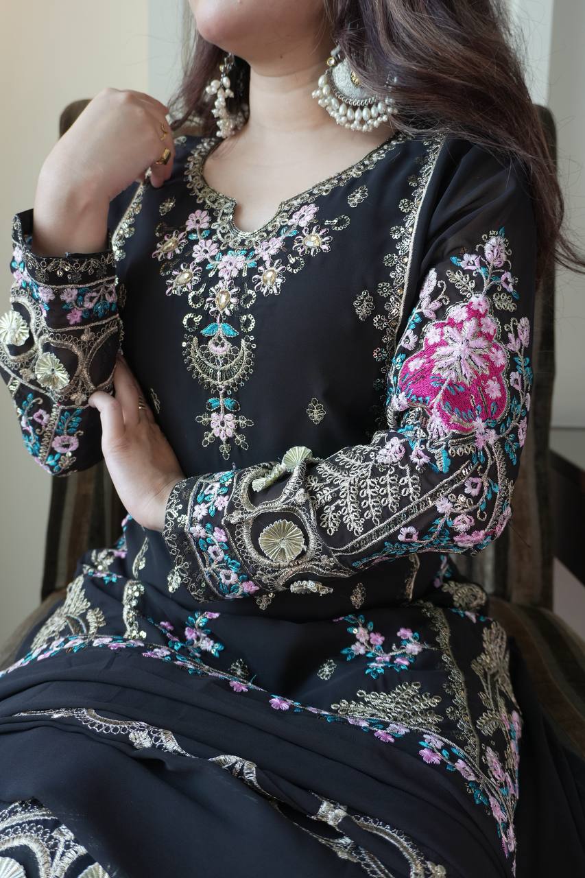 Black Fox Georgette Sequence Embroidery Kurti with Circular Palazzo and Dupatta