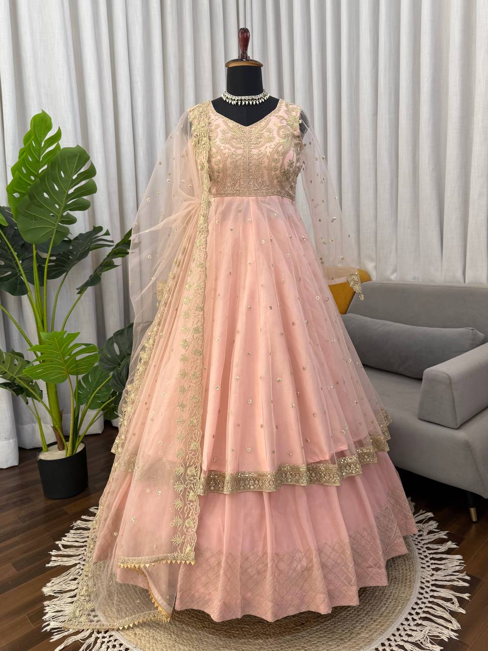 Shehzadi Pink Faux Georgette Thread and Sequence Work Gown with Lehenga and Butterfly Net Dupatta