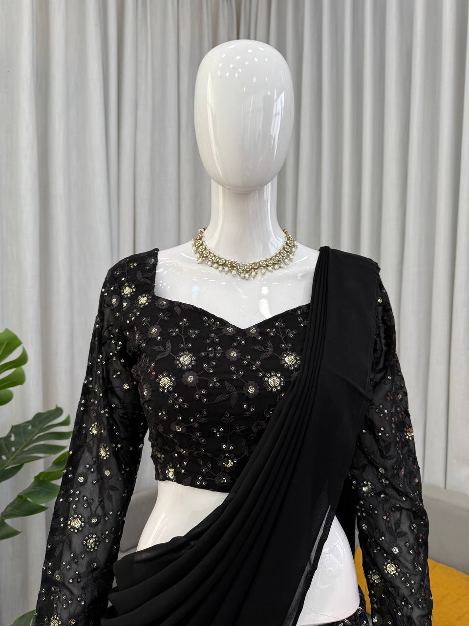 Black Faux Georgette Thread and Sequence Work Choli with Sharara and Dupatta