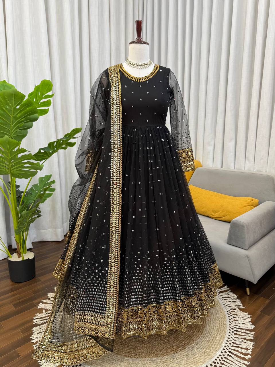 Black Soft Butterfly Net Thread and Sequence Work Anarkali Suit with Pant and Dupatta