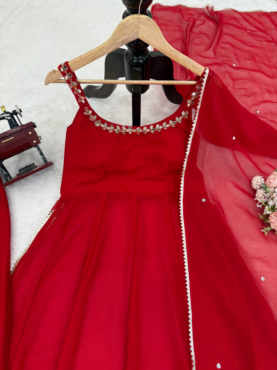 Red Faux Georgette Handwork Real Mirror Top with Palazzo and Dupatta Set