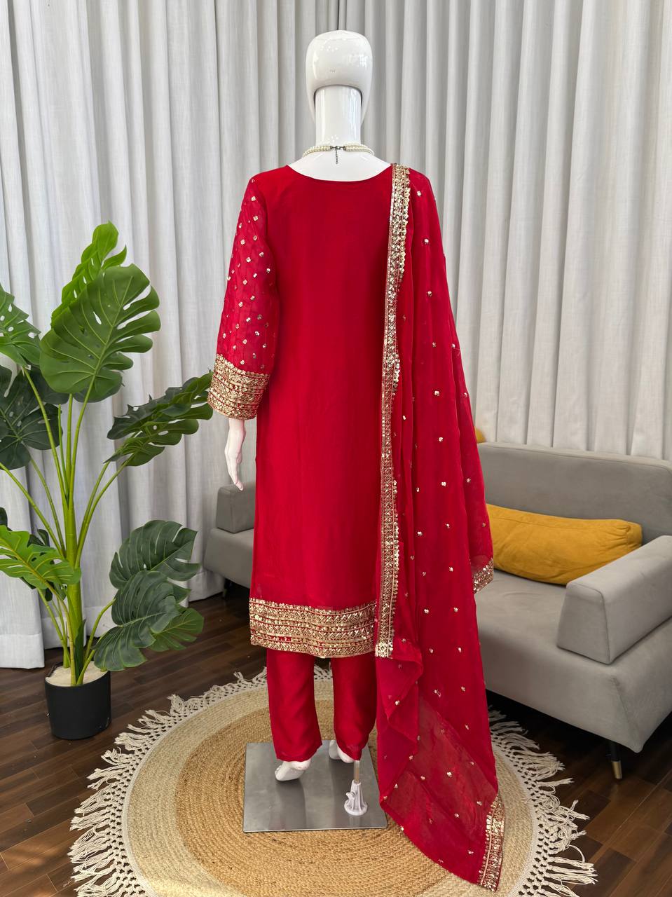 Red Silk Sequence Work Pant and Dupatta Set