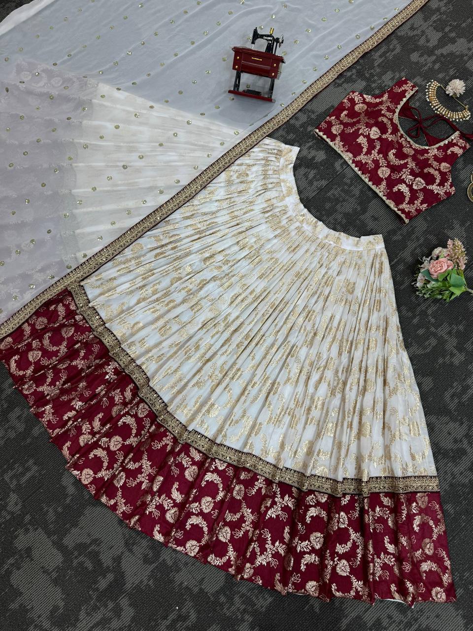 Ivory And Maroon Combination Lehenga Choli Set