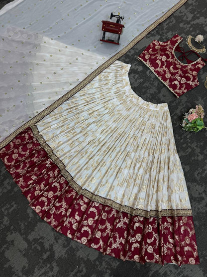Ivory And Maroon Combination Lehenga Choli Set
