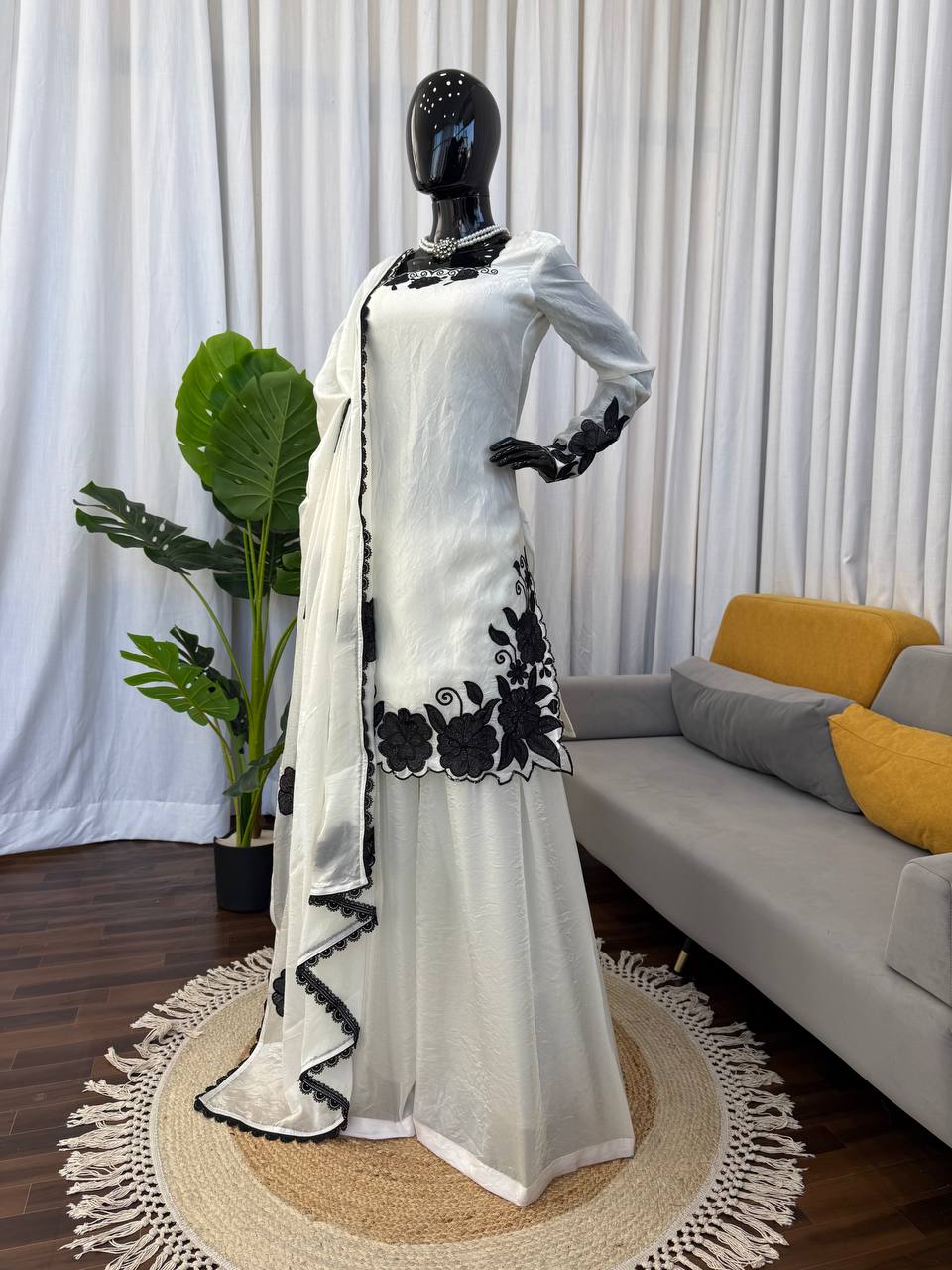 White With Black Embroidered Work Suit Set
