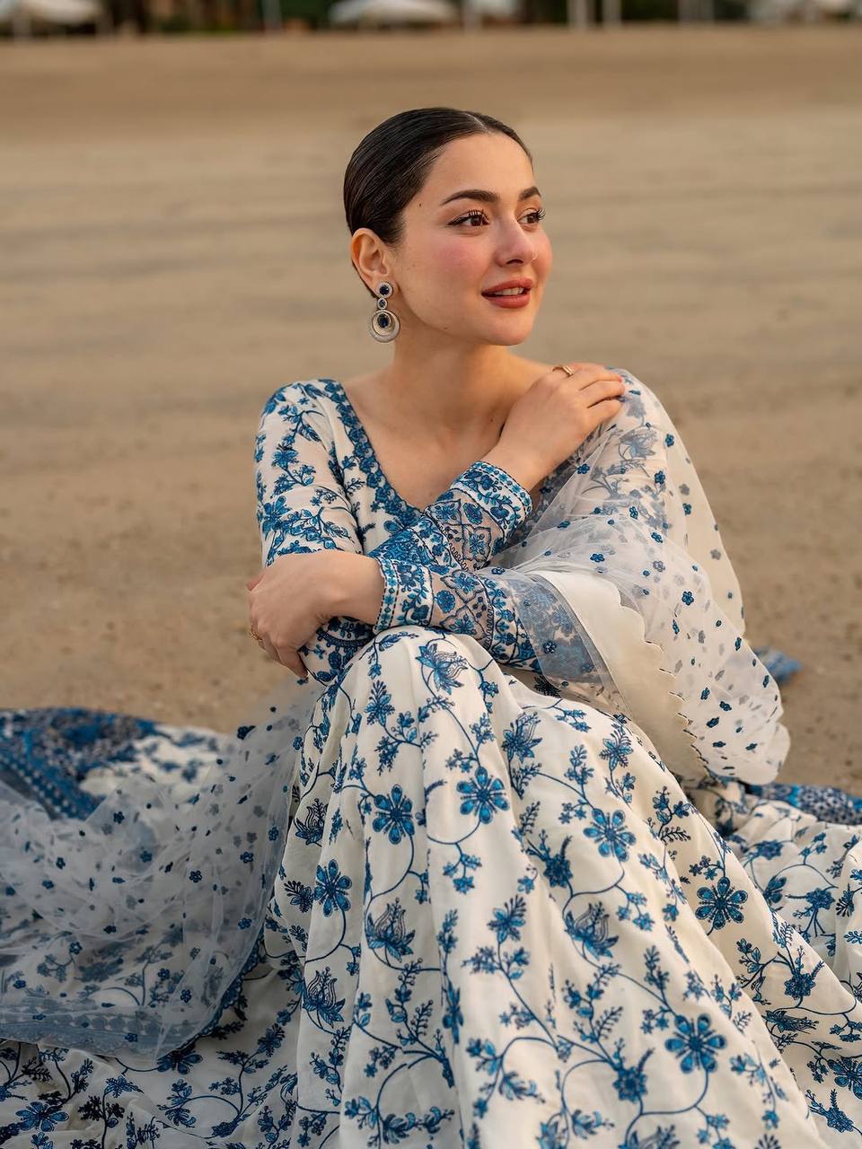 Blue And White Color Printed Anarkali Gown