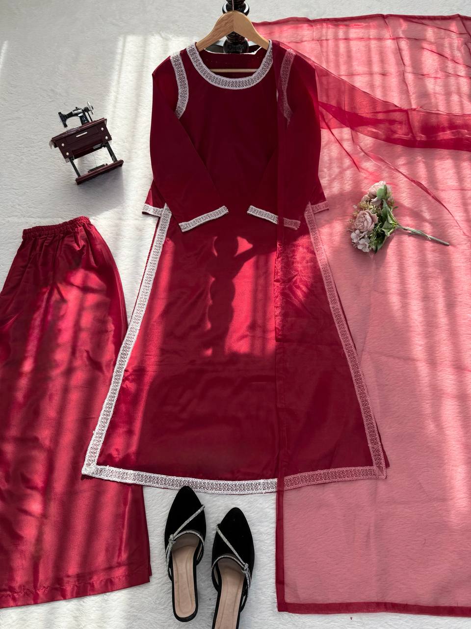 Maroon With Silver Embellished Borders Anarkali Gown Set