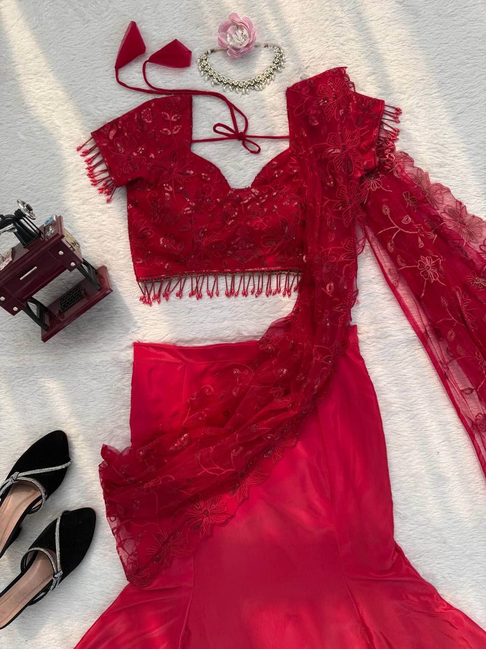 Red Color Designer Lehenga Saree Set