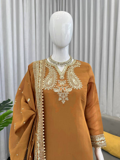 Gold Mustard Color Embroidered Kurta Sharara Set