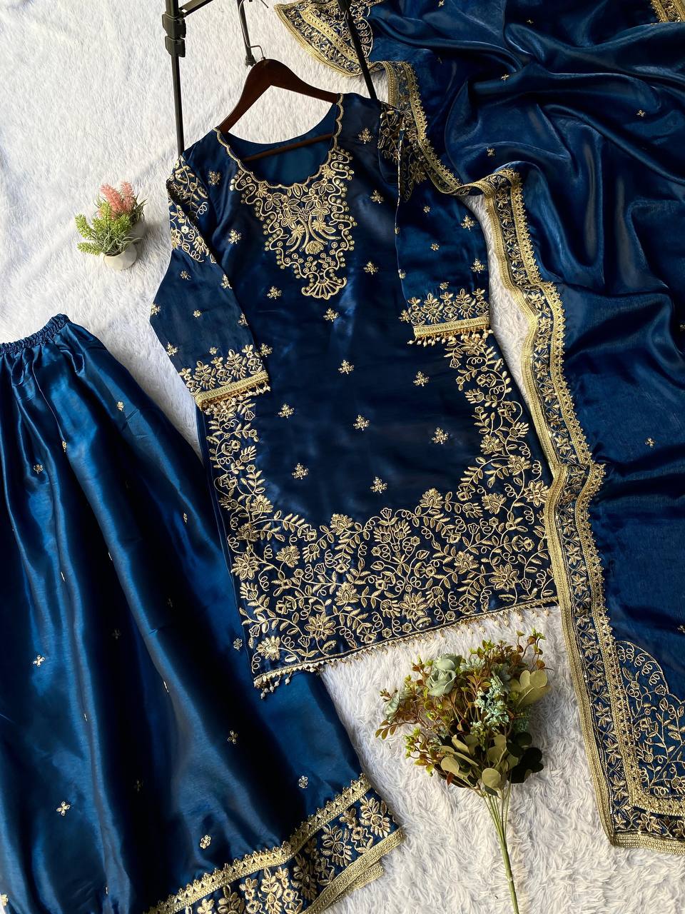 Mughal Blue GMY Silk Sequence Embroidered Top and Plazzo Set with Dupatta