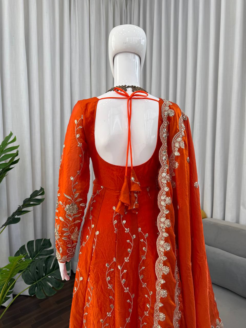 Orange Fendy Silk Embroidered Anarkali Set with Pant and Border Work Dupatta