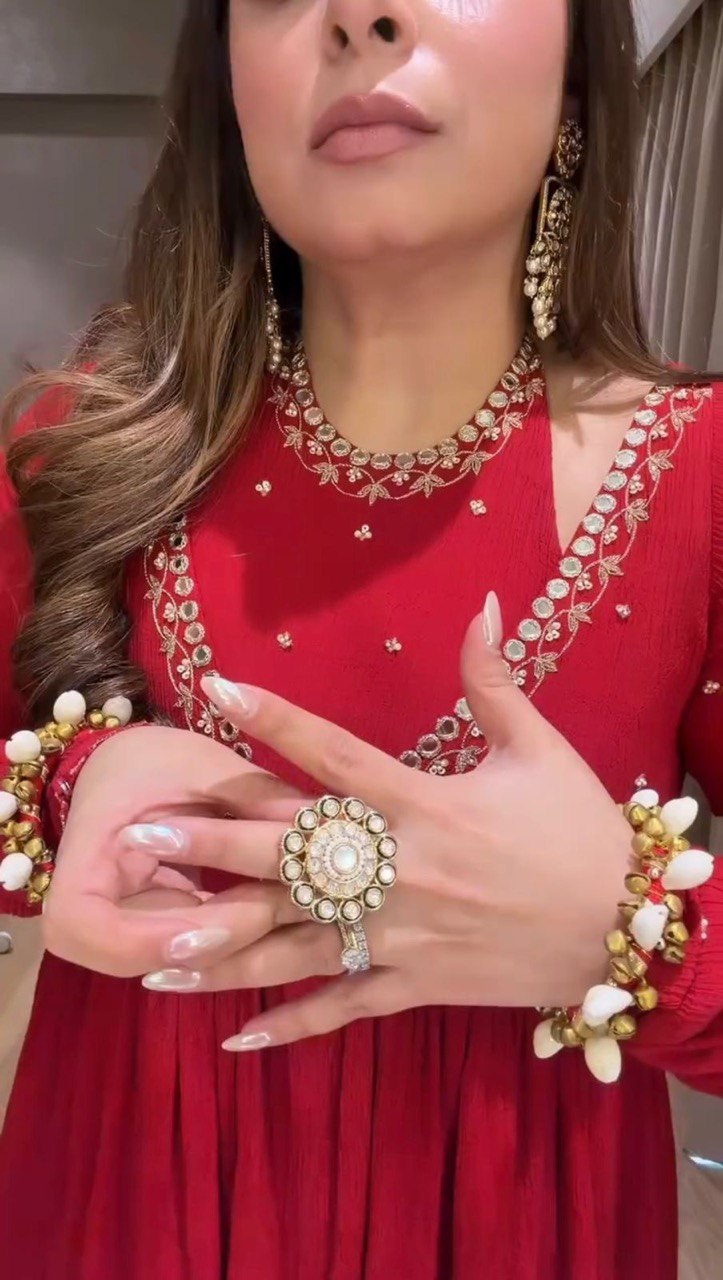 Red Chinon Silk Embroidered Top with Plazo and Lace Border Dupatta