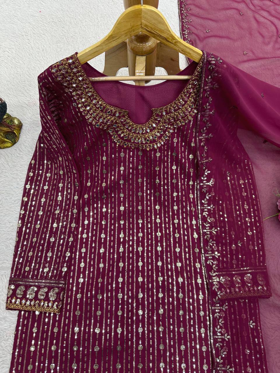 Maroon Faux Georgette Mirror Work Top with Pant and Embroidered Dupatta