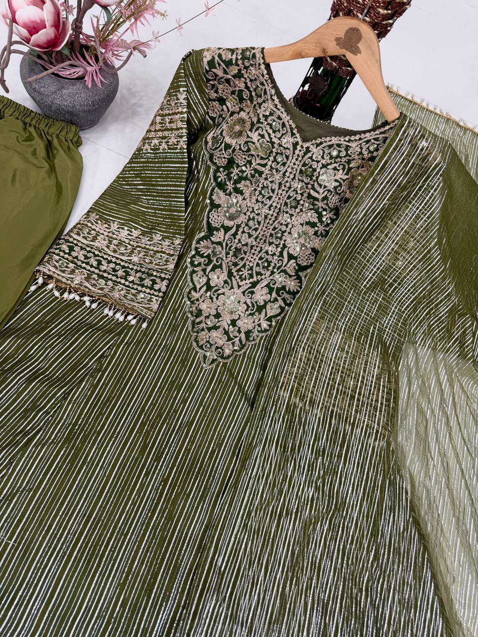 Noble Green Eid Special Heavy Embroidered Nylon Top with Soft Silk Plazzo and Lace Border Dupatta