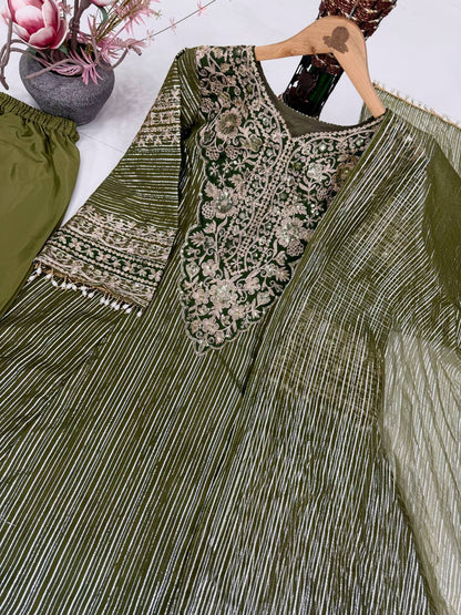 Noble Green Eid Special Heavy Embroidered Nylon Top with Soft Silk Plazzo and Lace Border Dupatta