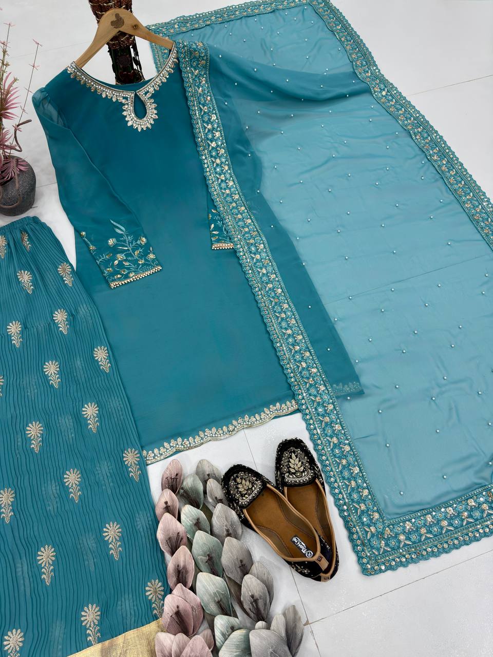 Regal Sea Blue Heavy Faux Georgette Embroidered Sharara Suit Set with Dupatta