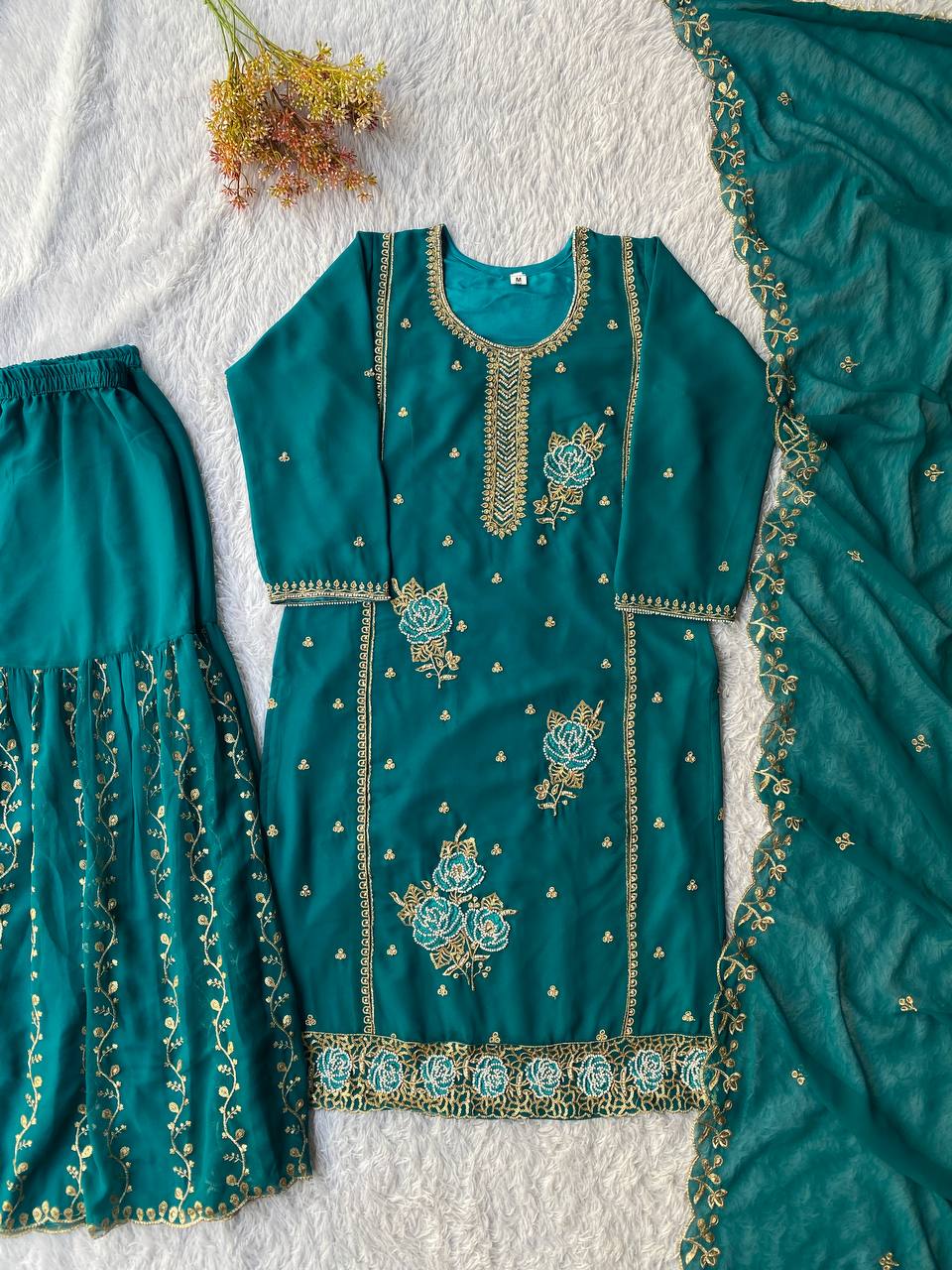 Teal Royal EID Special Faux Georgette Embroidered Gharara Suit Set with Dupatta