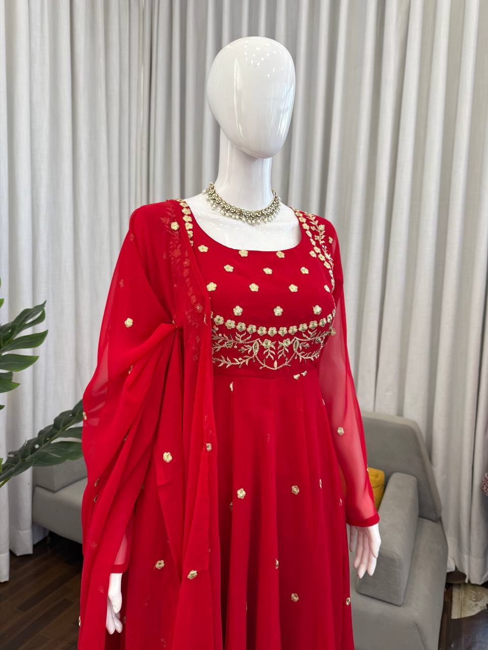 Red Heavy Faux Georgette Thread and Sequence Work Suit with Pant and Dupatta Set