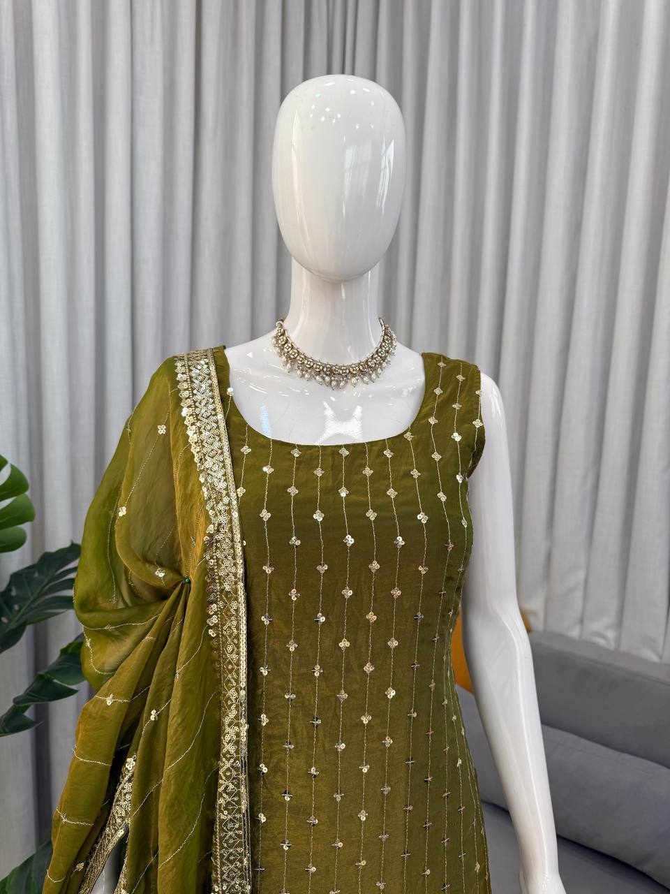 Mehndi Heavy Fendy Silk Thread and Sequence Work Top Pant Set with Dupatta