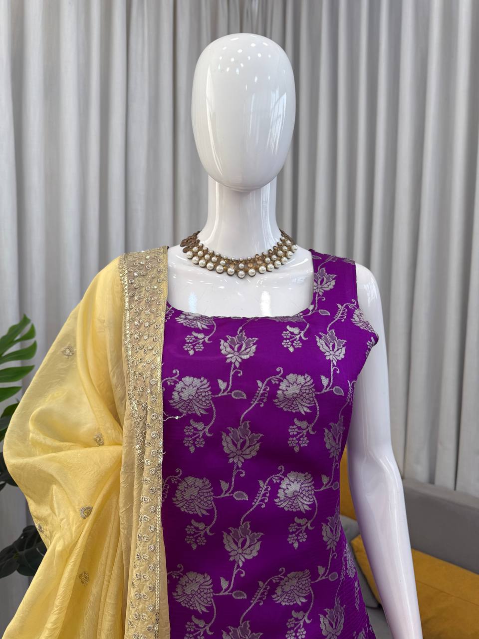 Purple Jequard Thread and Sequence Work Top with Crunchy Silk Palazzo and Four-Side Border Dupatta