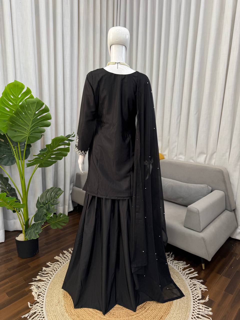 Black Heavy Natural Crepe Thread and Sequence Work Palazzo Set with Tibby Silk Moti Dupatta