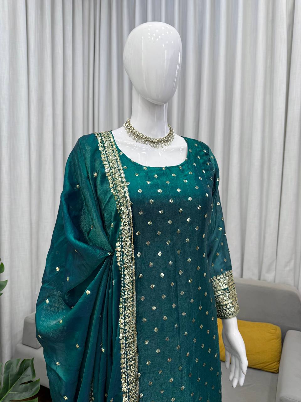 Pine Green Heavy Fendy Silk Thread and Sequence Work Top with Pant and Matching Dupatta