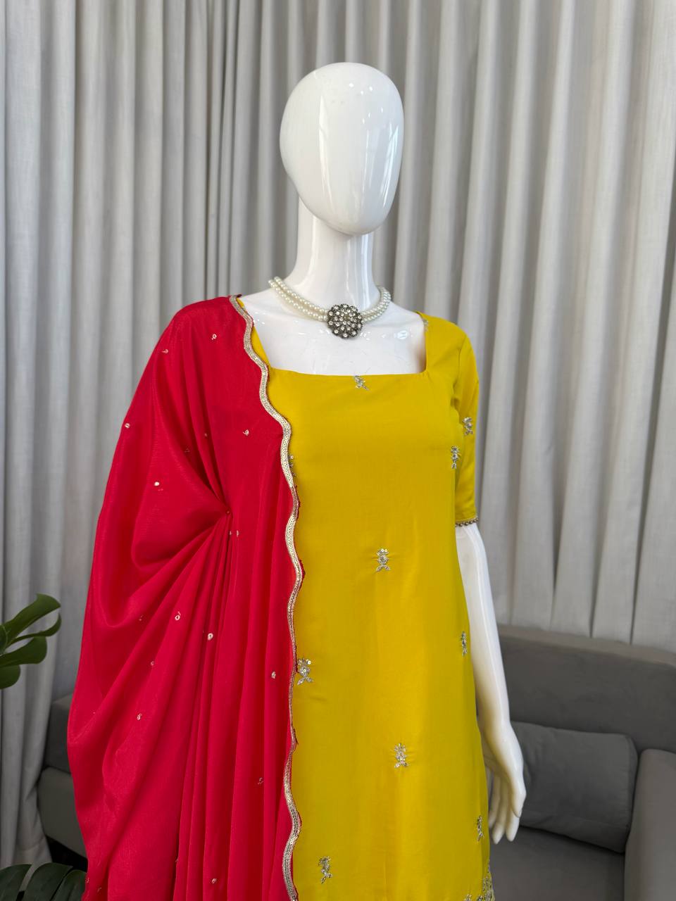 Saffron Yellow Natural Crepe Silk Thread and Sequence Work Sharara Set with Chinon Silk Dupatta