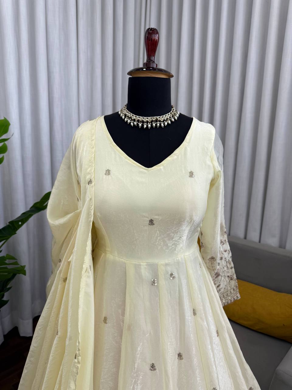 Ivory Cream Fendy Silk Thread and Sequence Work Anarkali Set