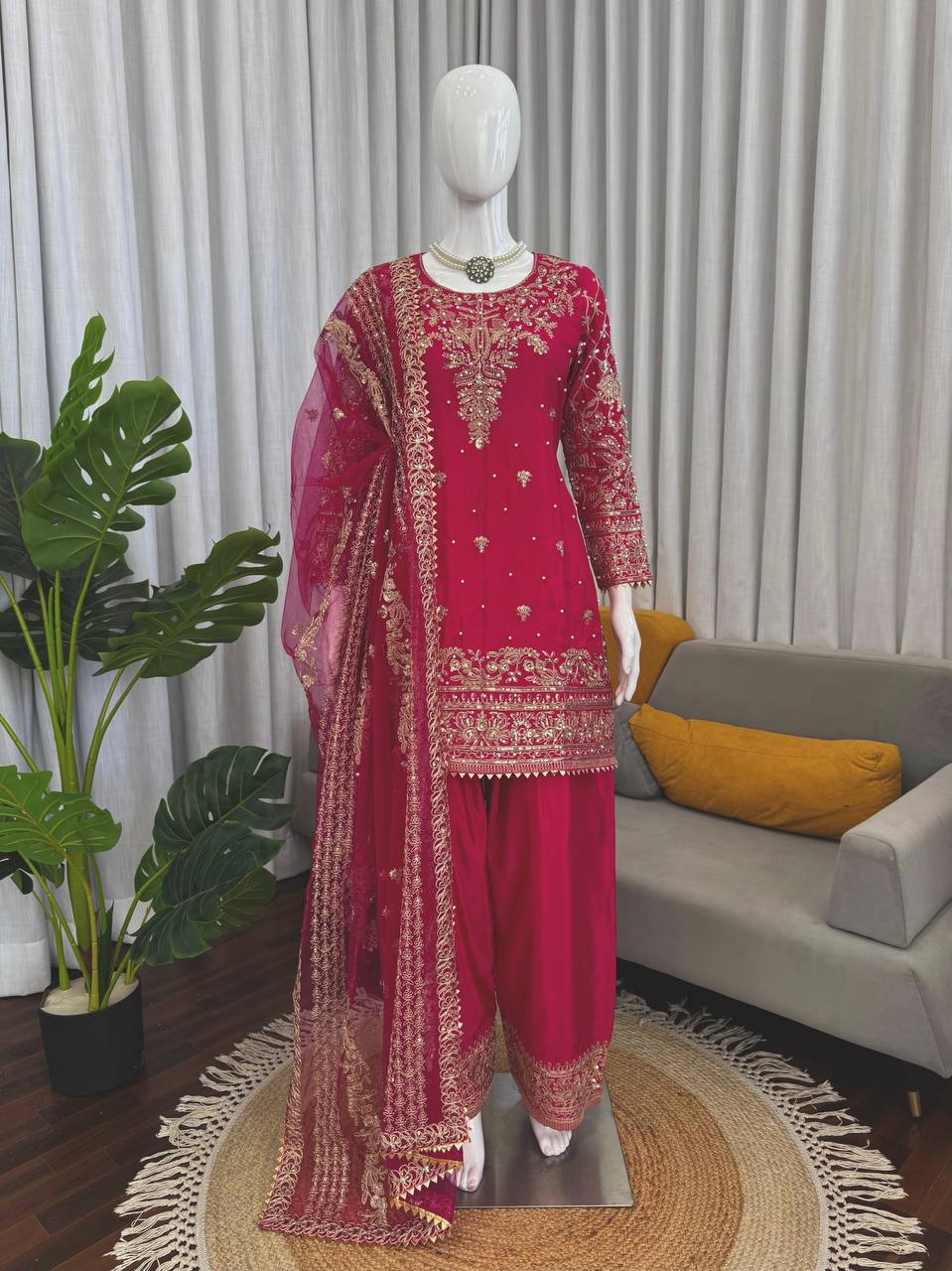 Royal Rani Pink Natural Crepe Thread and Sequence Work Top with Farshi Salwar Set