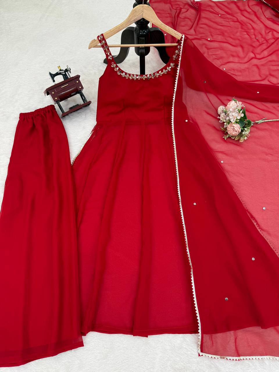Red Faux Georgette Handwork Real Mirror Top with Palazzo and Dupatta Set