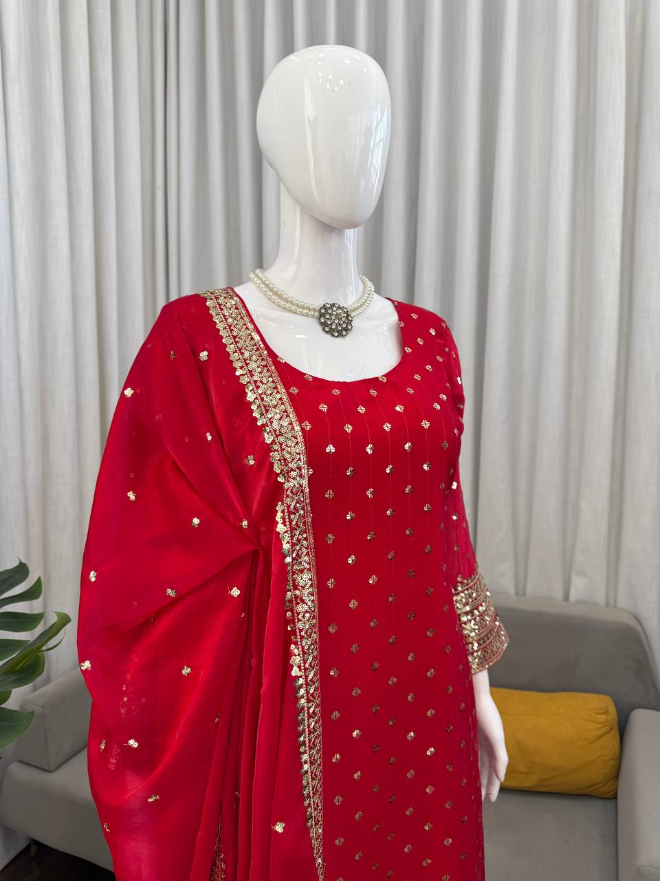 Red Silk Sequence Work Pant and Dupatta Set