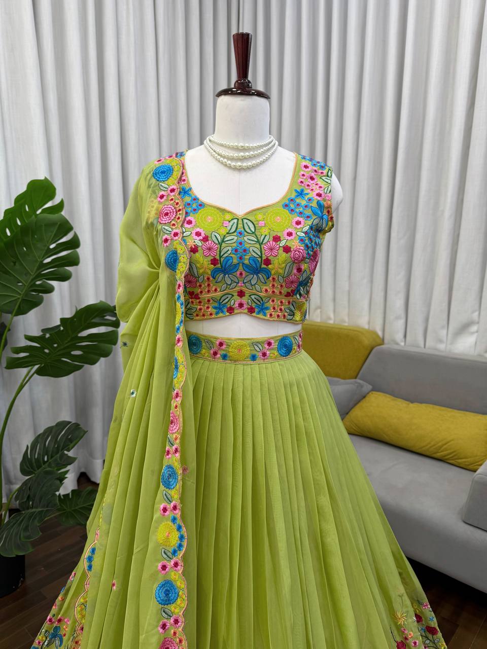Multicolor Green Embroidery Lehenga Choli Set