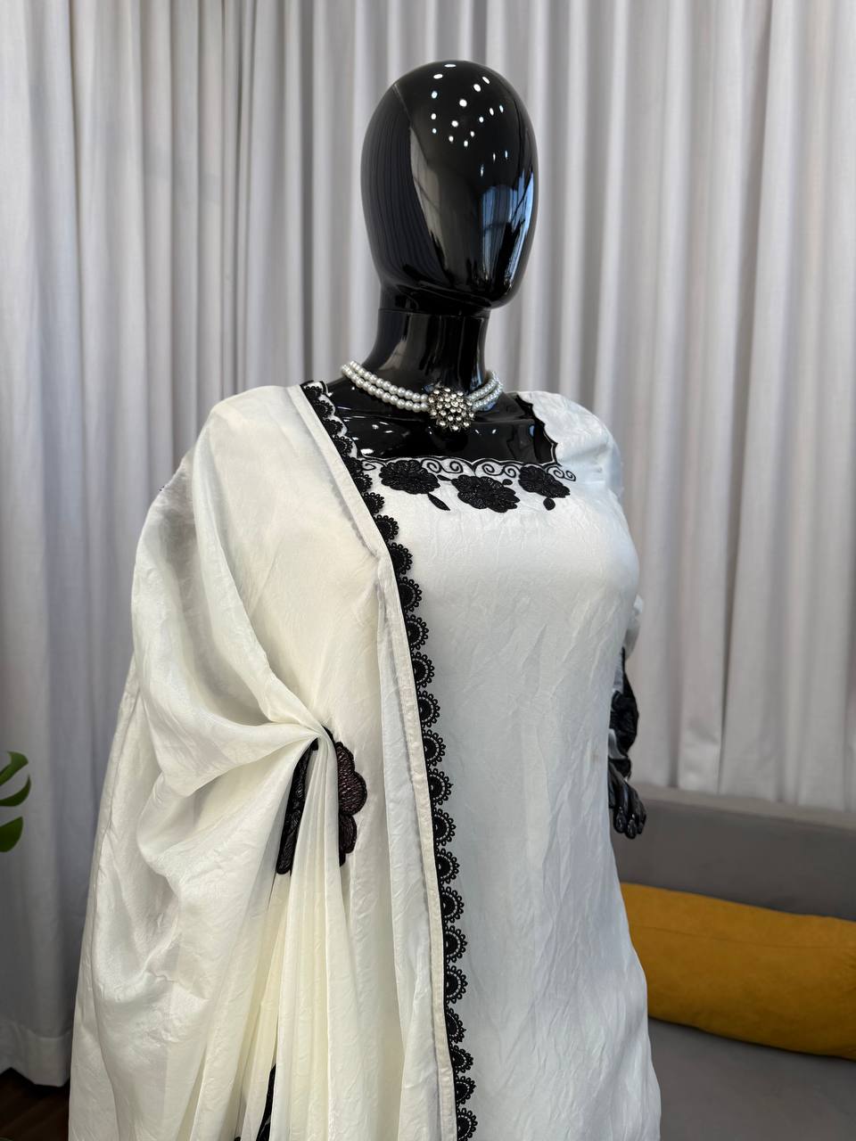 White With Black Embroidered Work Suit Set