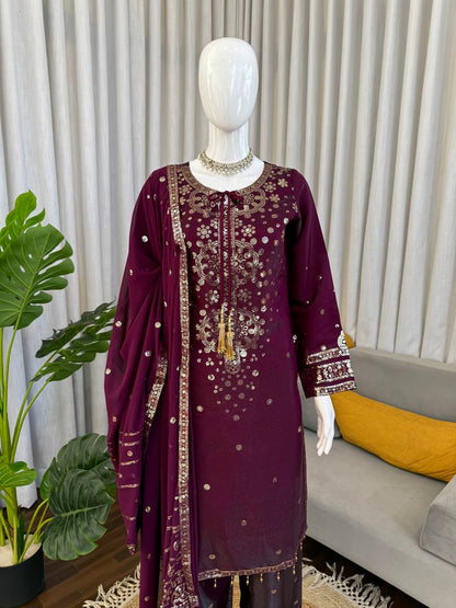 Deep Wine Embroidered Festive Suit Set