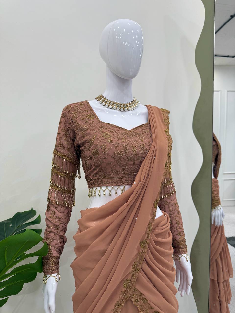 Peach Color Saree with Embroidered Blouse Set