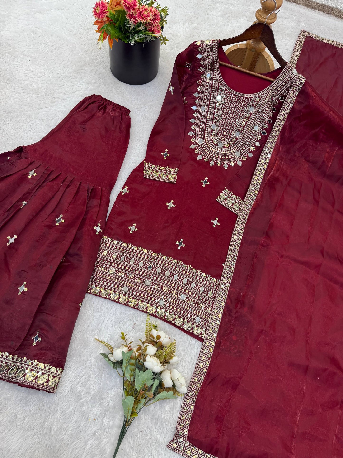 Ruby Port GMY Silk Embroidered Sharara Set with Mirror Work and Lace Border Dupatta