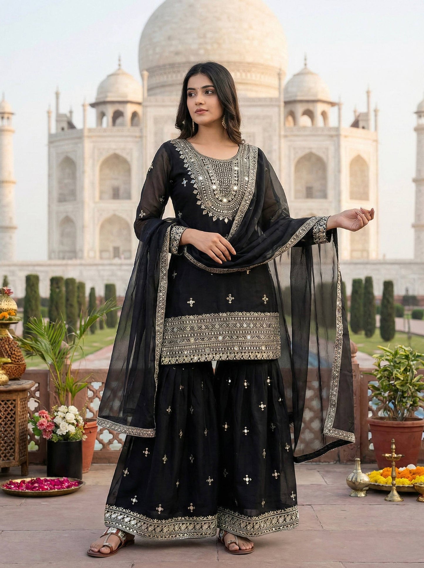 Midnight Black GMY Silk Embroidered Sharara Set with Mirror Work and Lace Border Dupatta
