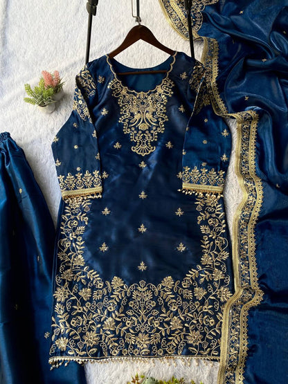Mughal Blue GMY Silk Sequence Embroidered Top and Plazzo Set with Dupatta