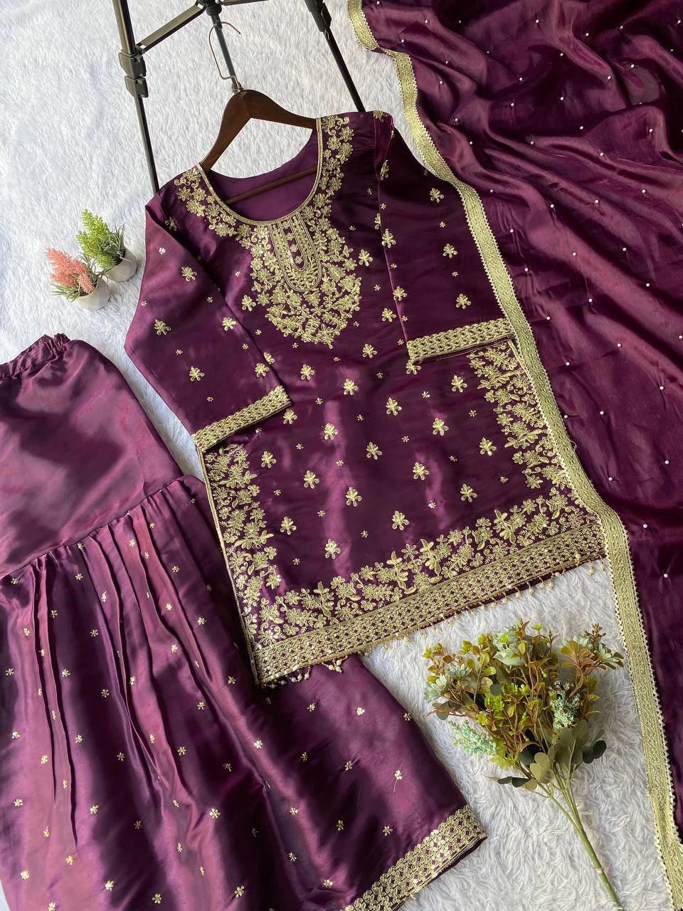 Heirloom Purple GMY Silk Sequence Embroidered Sharara Set with Bead Work Dupatta