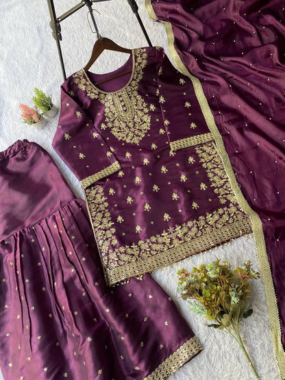 Heirloom Purple GMY Silk Sequence Embroidered Sharara Set with Bead Work Dupatta