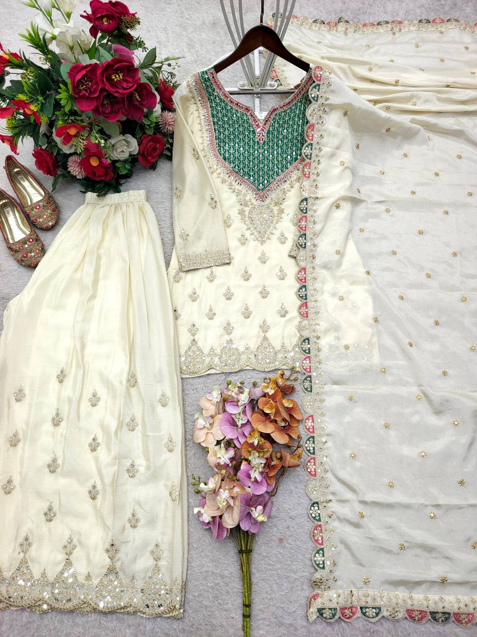 Zareen Cream Chinon Silk Embroidered Sharara Suit Set with Mirror Work Dupatta