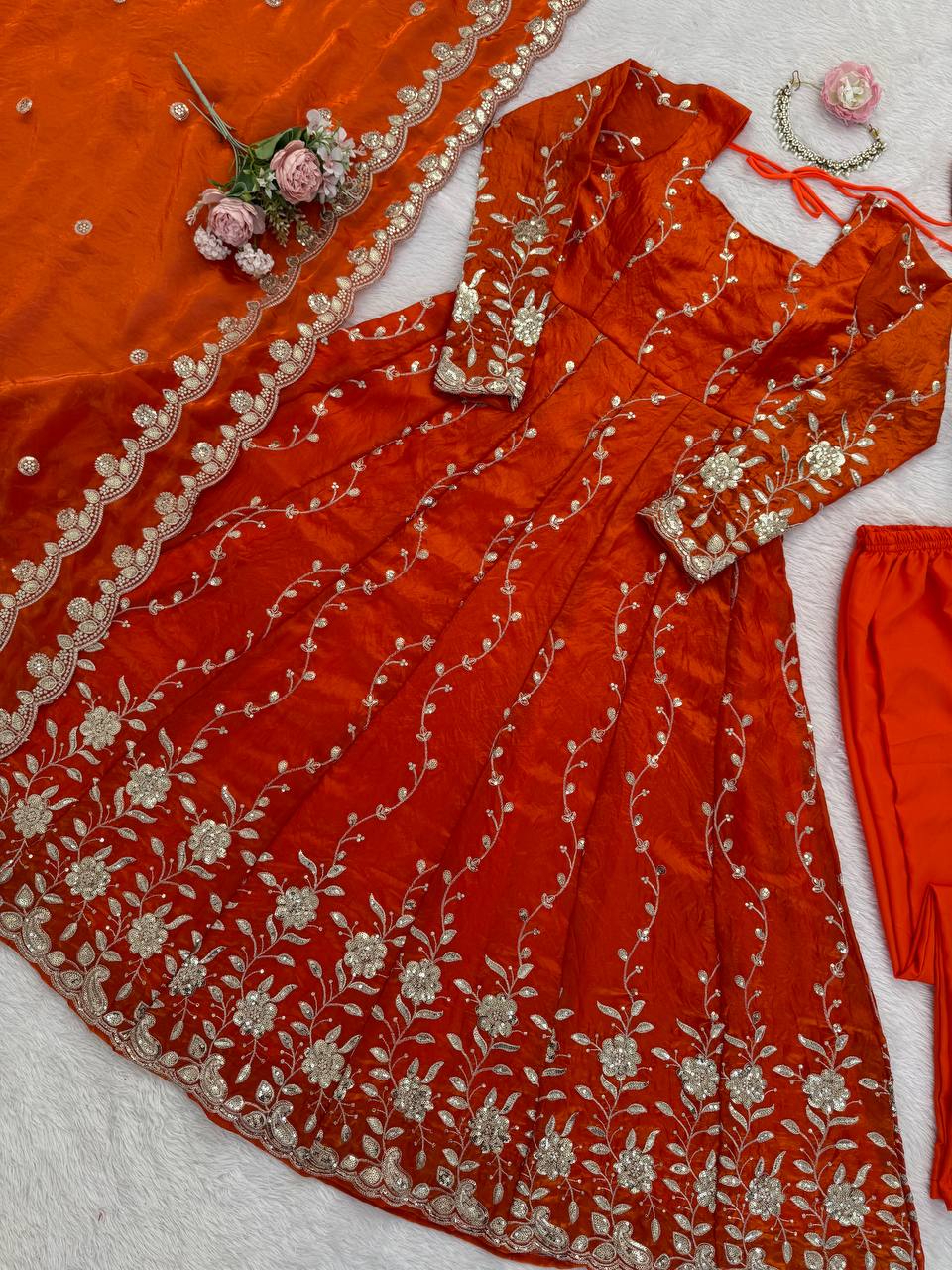 Orange Fendy Silk Embroidered Anarkali Set with Pant and Border Work Dupatta