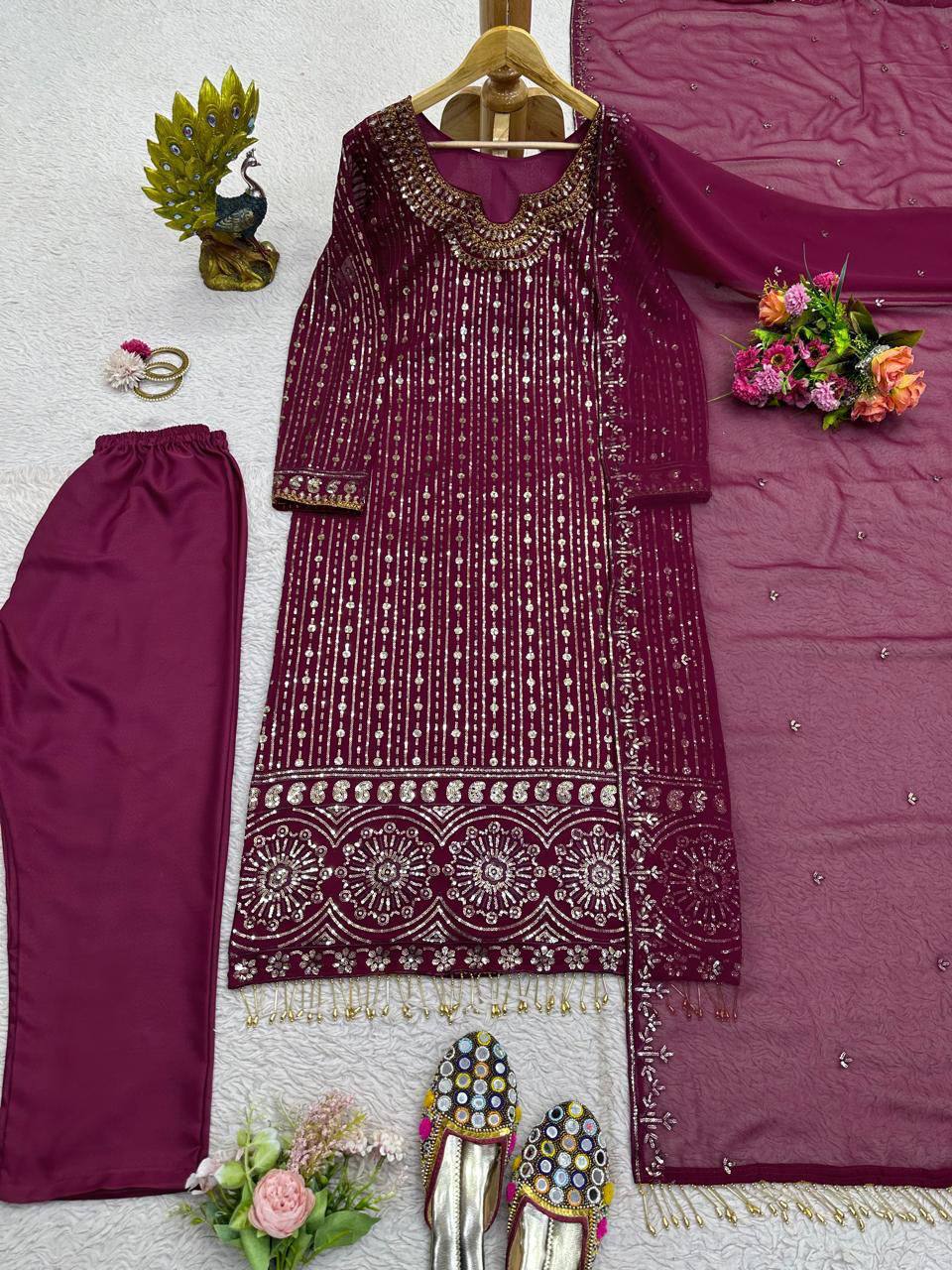Maroon Faux Georgette Mirror Work Top with Pant and Embroidered Dupatta