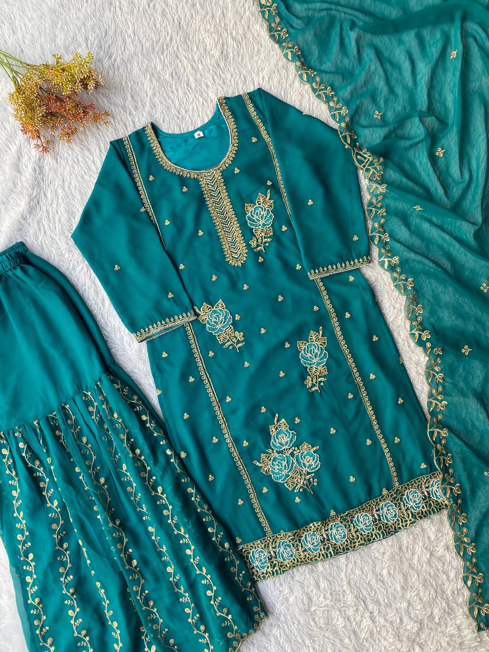 Teal Royal EID Special Faux Georgette Embroidered Gharara Suit Set with Dupatta