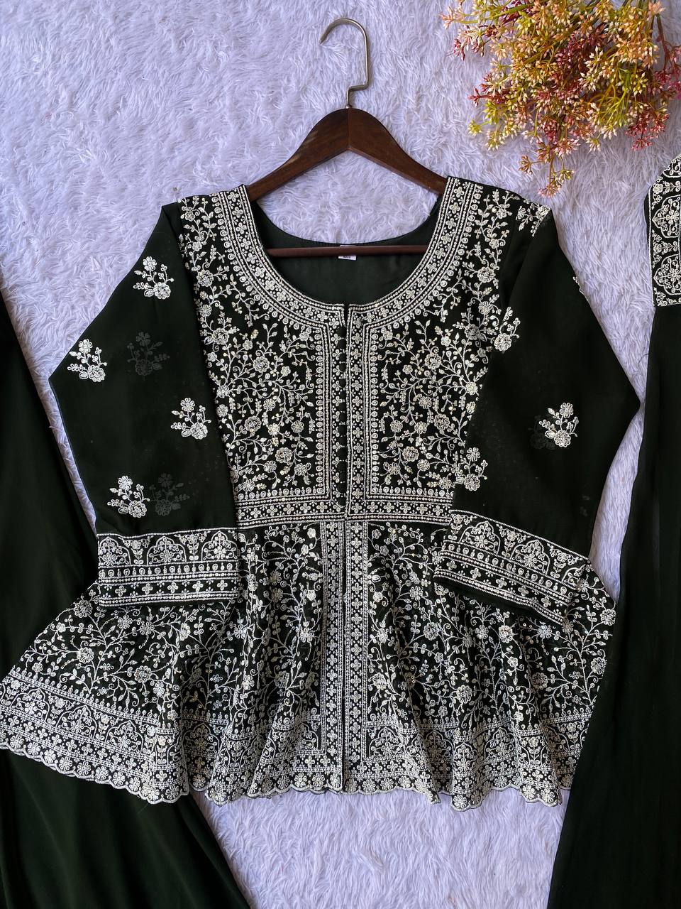 Green Embroidered Georgette Peplum Top Plazzo Set with Dupatta