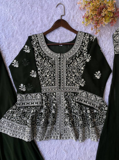 Green Embroidered Georgette Peplum Top Plazzo Set with Dupatta
