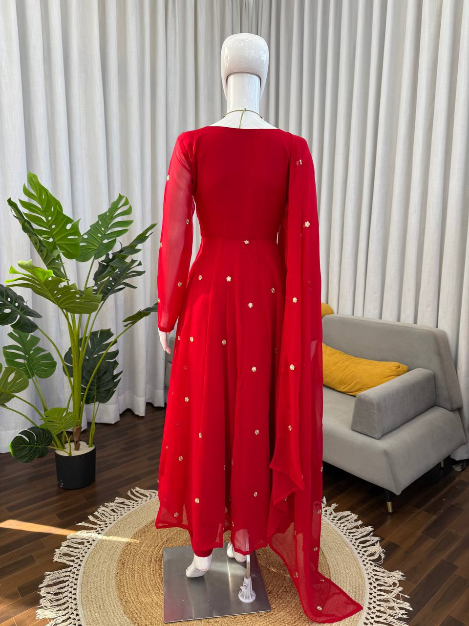 Red Heavy Faux Georgette Thread and Sequence Work Suit with Pant and Dupatta Set
