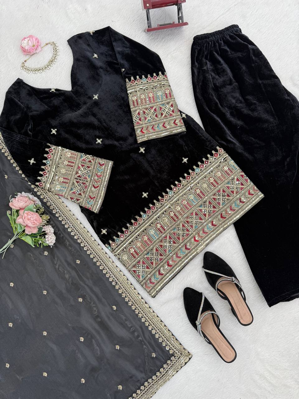 Black Heavy Velvet Coding and Sequence Work Palazzo Set with Tibby Silk Dupatta
