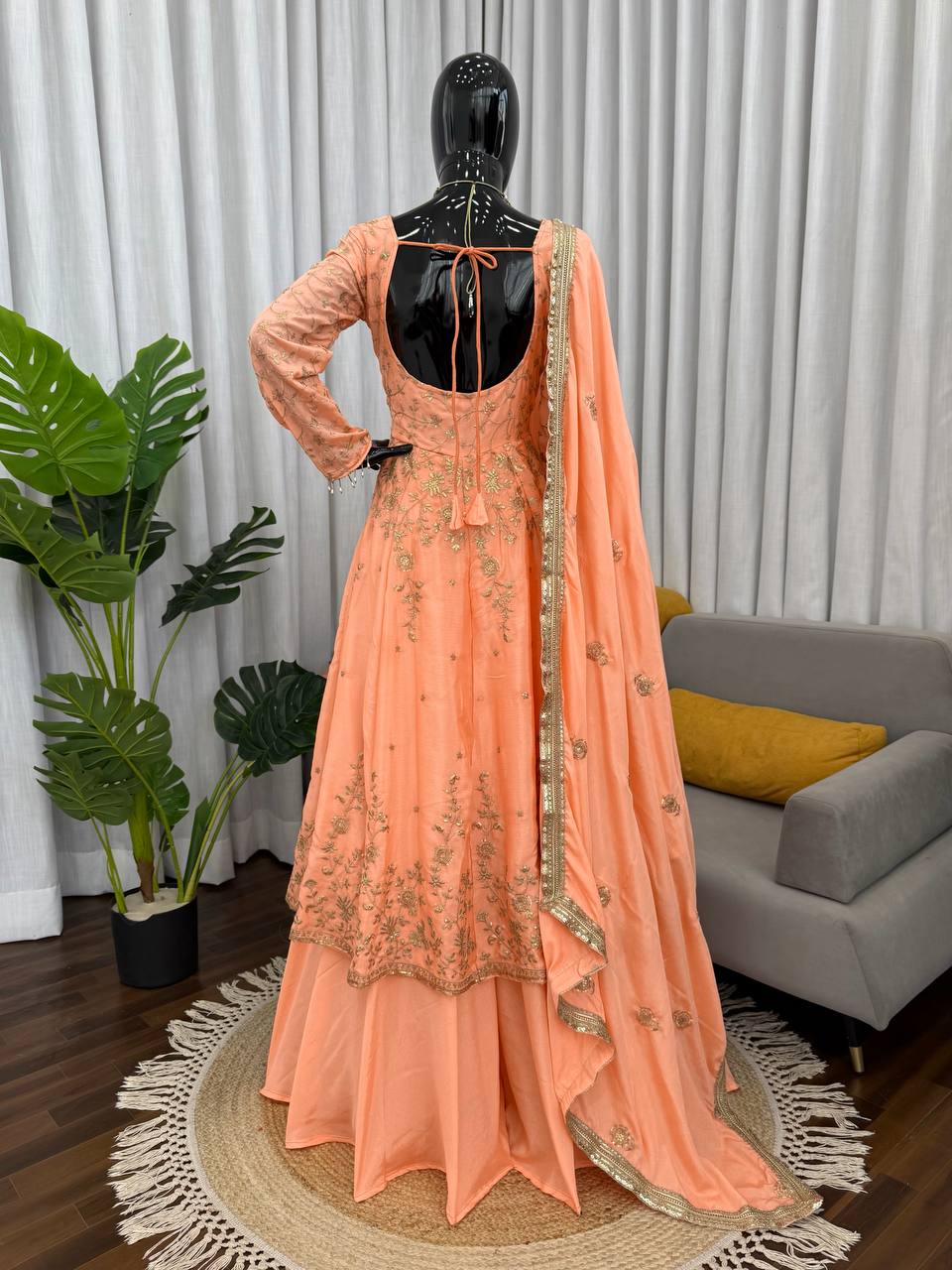 Orange colour Heavy Chinon Silk Thread and Sequence Work Gown with Lehenga and Dupatta Set