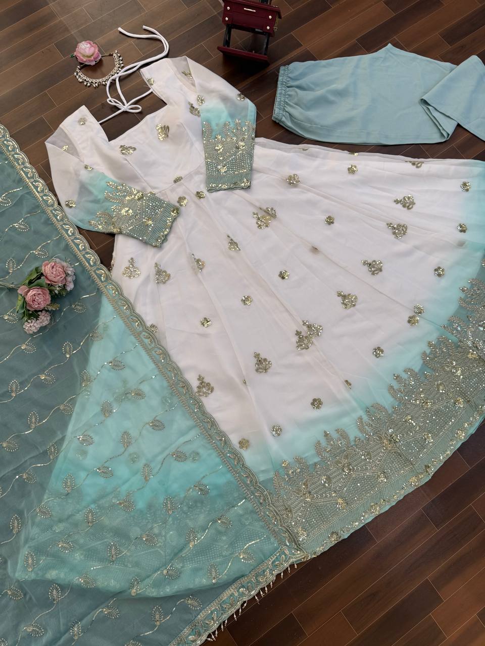 White And Rama Star Georgette Thread and Sequence Work Anarkali Set with Pant and Four-Side Border Dupatta